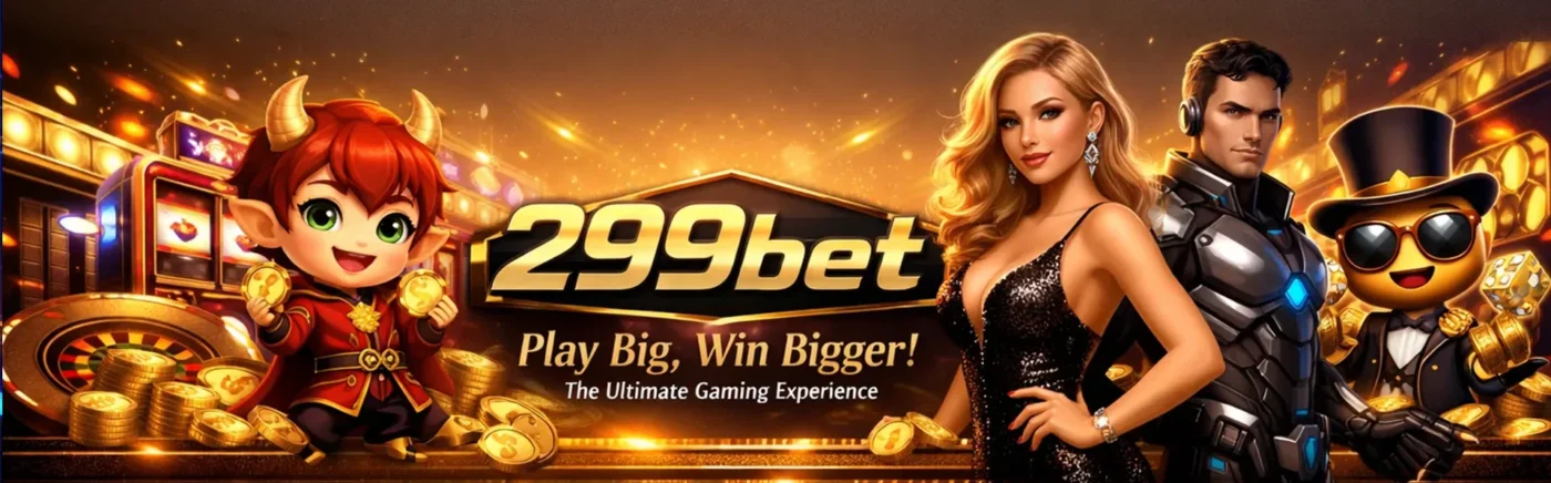 Colorful promotional artwork featuring stylized characters, glowing coins, and a central brand logo in a casino-themed setting