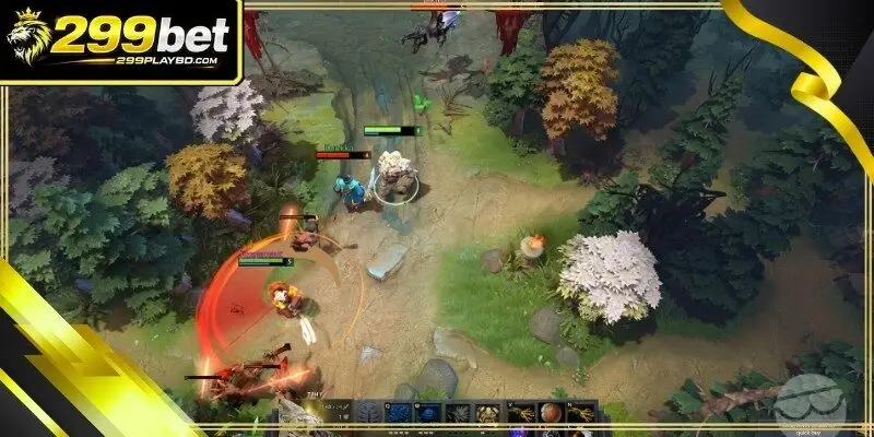 A digital battlefield showing the Radiant and Dire ancient structures